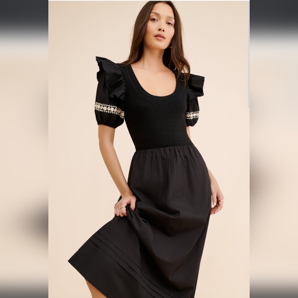 NWT Cleobella Black Puff Sleeve Midi Dress White Embroidery - Picture 1 of 9